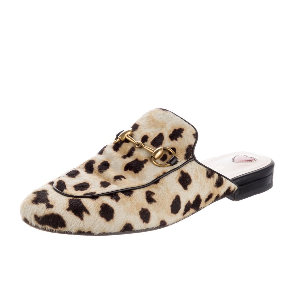 Authentic GUCCI Princetown Horsebit-Detailed Leopard-Print Calf Hair mules